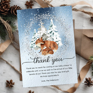Carte De Remerciements Aquarelle Neige Pin d'hiver Arbres Baby Mama Fox