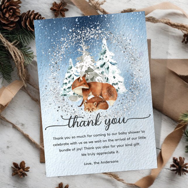 Carte De Remerciements Aquarelle Neige Pin d'hiver Arbres Baby Mama Fox (Créateur téléchargé)
