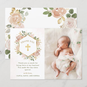 Carte De Remerciements Aquarelle neutre florale et or  Baptême photo