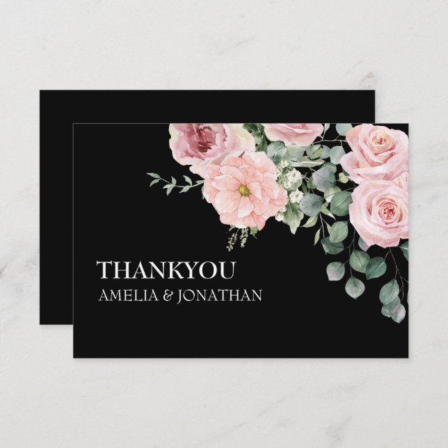 Carte De Remerciements Aquarelle noire et rose moderne Mariage floral (Devant / Derrière)