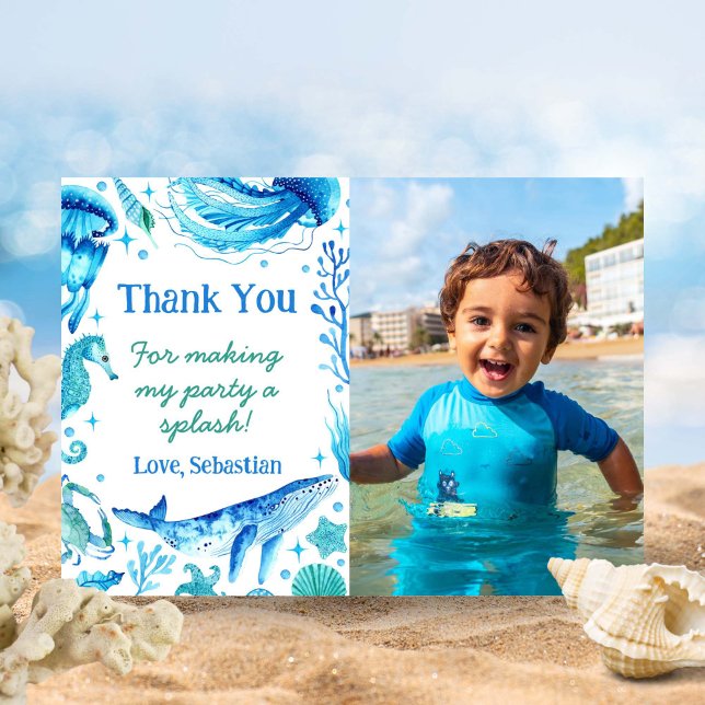 Carte De Remerciements Aquarelle Océan Animaux Baleine sous la mer Photo (Watercolor Ocean Animals Whale Under the Sea Photo Thank You Card)