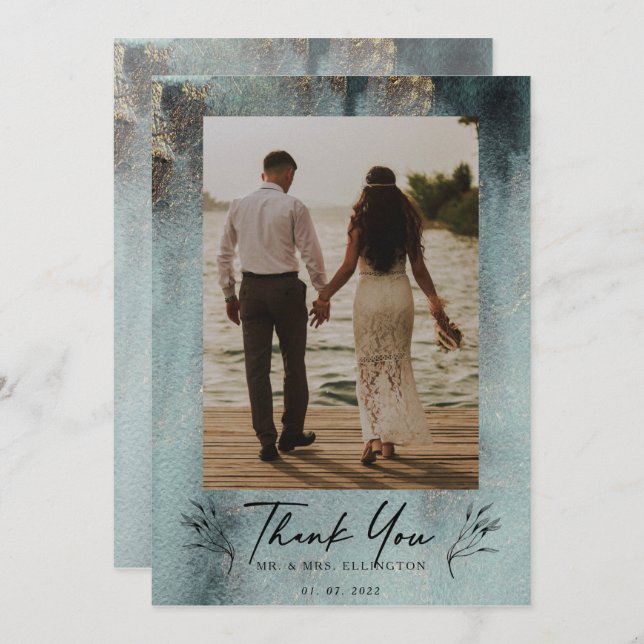 Carte De Remerciements Aquarelle océanique moderne avec photo or (Devant / Derrière)