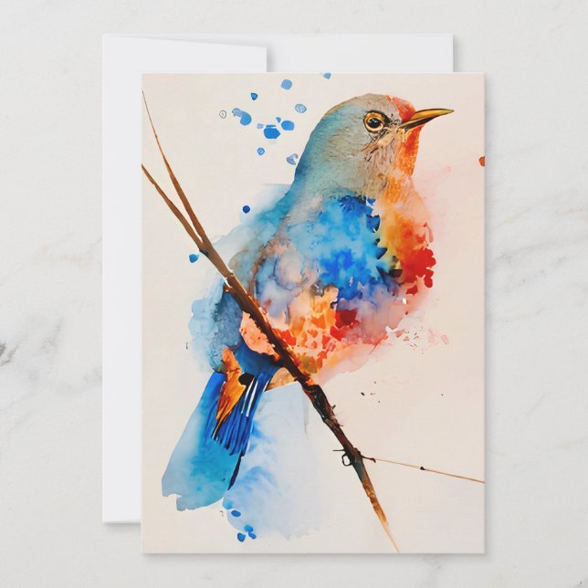 Carte De Remerciements Aquarelle Oiseau Peinture Toile Mur Art Bleu Oisea (Devant)