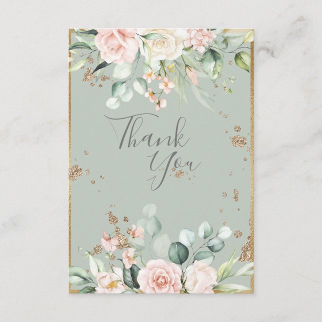 Carte De Remerciements Aquarelle or Mariage vert Sage Floral (Devant)