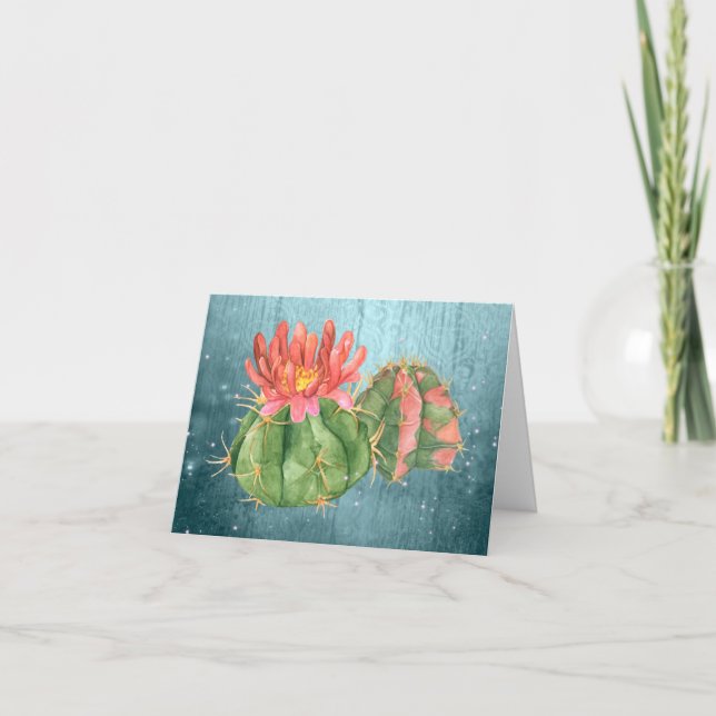 Carte De Remerciements Aquarelle Orange Blooming Cactus bleu turquoise (Devant)