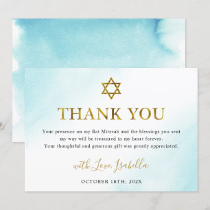 Carte De Remerciements Aquarelle Pastel Blue Gold Bat mitzvah