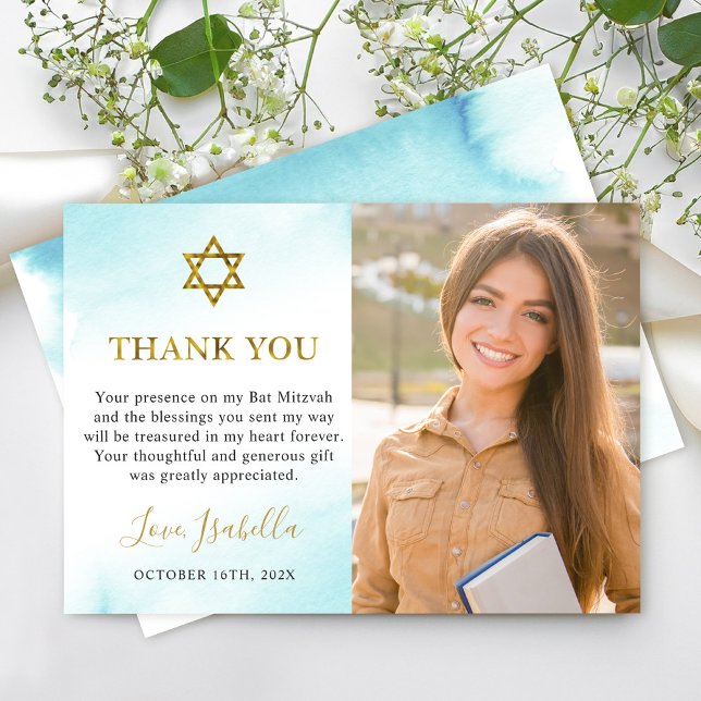 Carte De Remerciements Aquarelle Pastel Blue Gold Bat mitzvah Photo (Créateur téléchargé)