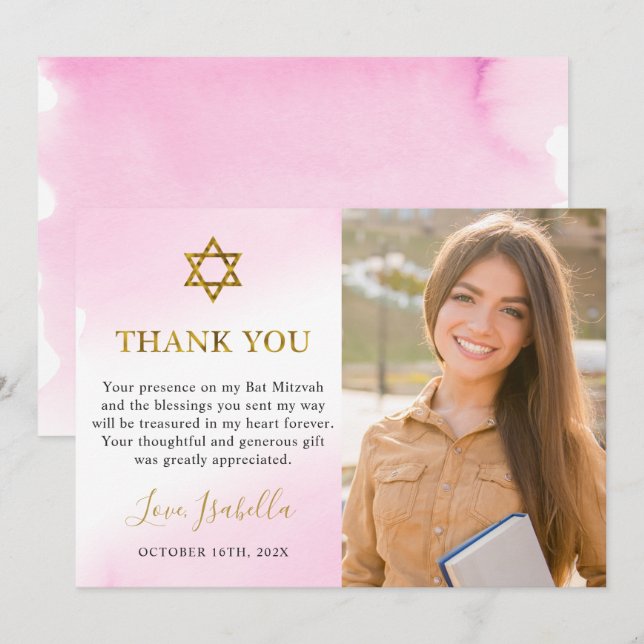 Carte De Remerciements Aquarelle Pastel Pink Gold Photo Bat mitzvah (Devant / Derrière)