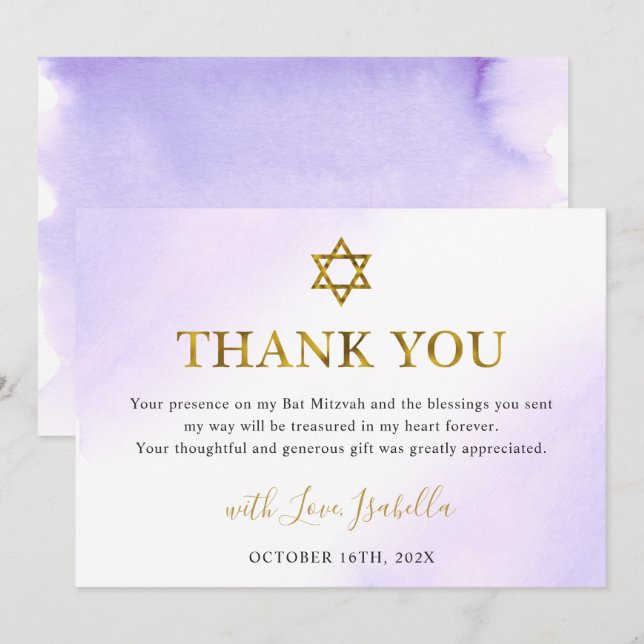 Carte De Remerciements Aquarelle Pastel Purple Gold Bat mitzvah (Devant / Derrière)