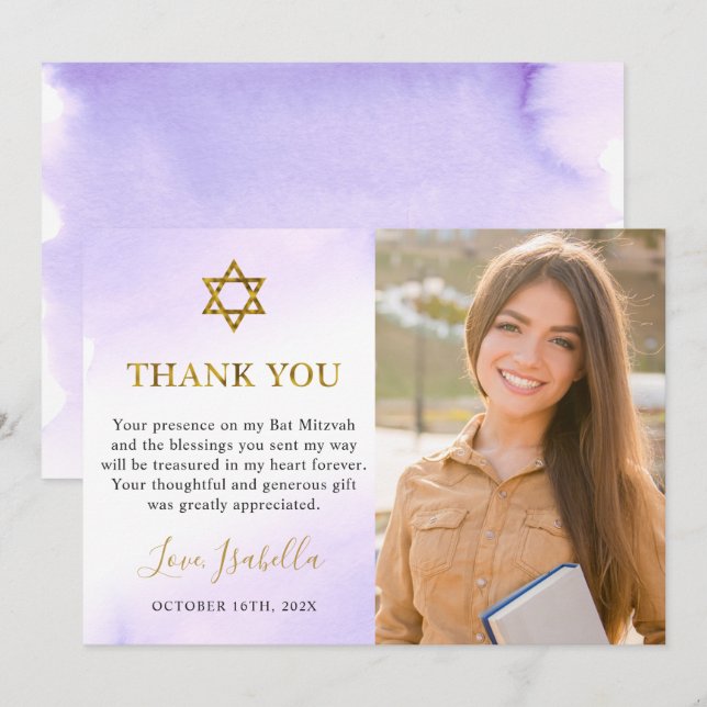 Carte De Remerciements Aquarelle Pastel Purple Gold Bat mitzvah Photo (Devant / Derrière)