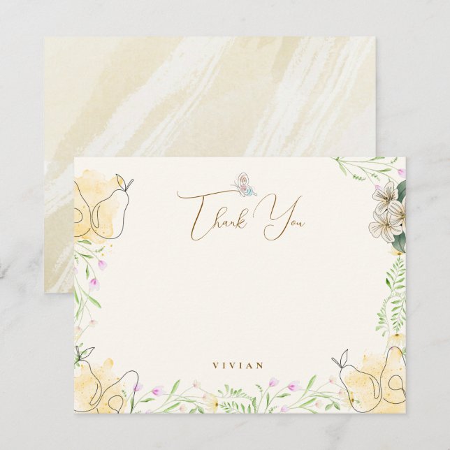 Carte De Remerciements Aquarelle Pear Floral Garden Baby shower noir (Devant / Derrière)