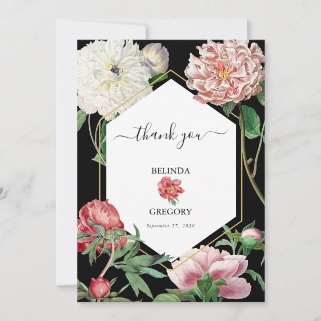 Carte De Remerciements Aquarelle Peonies rose Fleurs Mariage Noir (Devant)