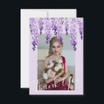 Carte De Remerciements Aquarelle photo Wisteria | BAT MITZVAH<br><div class="desc">Ce design présente d'élégantes fleurs de glycine aquarelle en lavande douce et violette avec des feuilles verts sur un arrière - plan lilas avec votre photo préférée et la superposition "Merci". Au verso dans élégant script de calligraphie blanche sur un arrière - plan violet est le texte "Merci" et votre...</div>