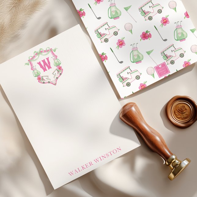 Carte De Remerciements Aquarelle Pink & Green Golf Panier Monogram Crest (Créateur téléchargé)