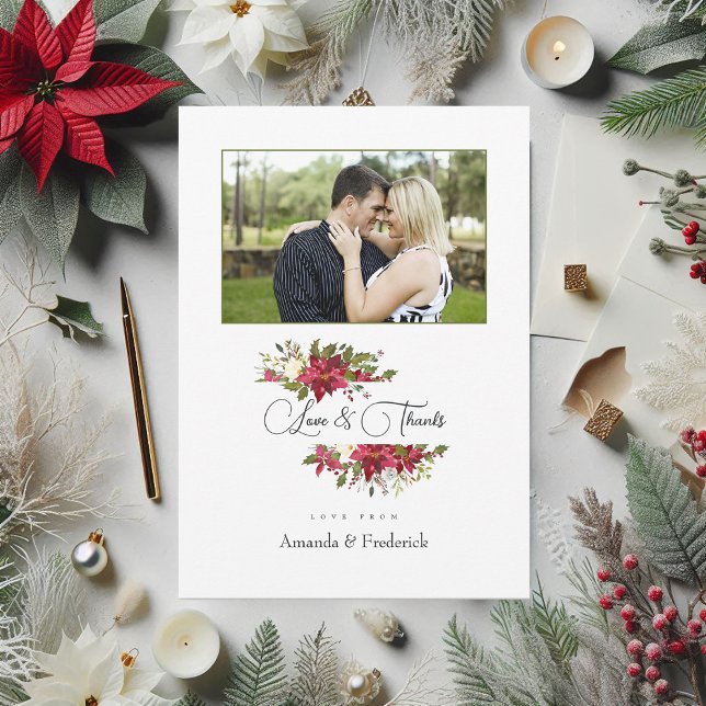 Carte De Remerciements Aquarelle Poinsettia et Holly Christmas Photo (Watercolor Poinsettia and Holly Christmas Photo Thank You Card)