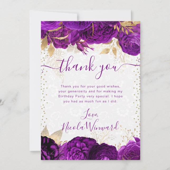 Carte De Remerciements Aquarelle Purple et Fleurs d'or Anniversaire (Devant)
