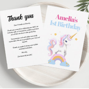 Carte De Remerciements Aquarelle Rainbow Unicorn 1er anniversaire
