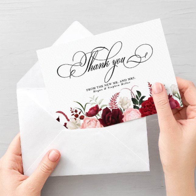 Carte De Remerciements Aquarelle romantique Bourgogne Floral Chic Mariage (Créateur téléchargé)