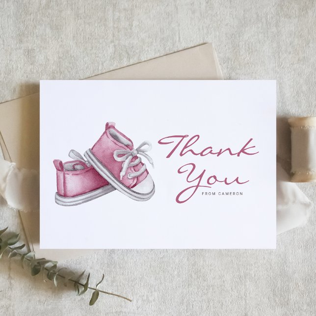 Carte De Remerciements Aquarelle rose Baby shower de chaussures pour bébé (Créateur téléchargé)