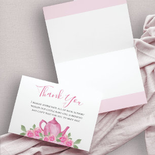 Carte De Remerciements Aquarelle rose baby shower théière florale