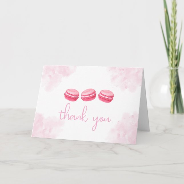 Carte De Remerciements Aquarelle rose Bonjour Bébé Macaron Baby shower (Devant)