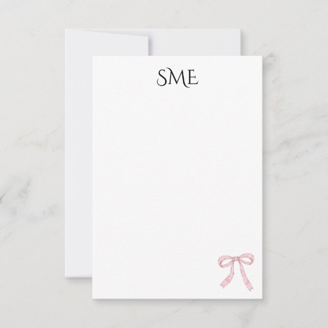 Carte De Remerciements Aquarelle rose Bow Monogram (Devant)