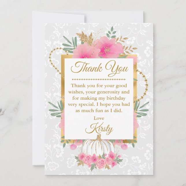 Carte De Remerciements Aquarelle rose Citrouille Fleurs or Foil Anniversa (Devant)