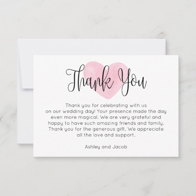 Carte De Remerciements Aquarelle rose coeur rousse. Mariage de script mod (Devant)