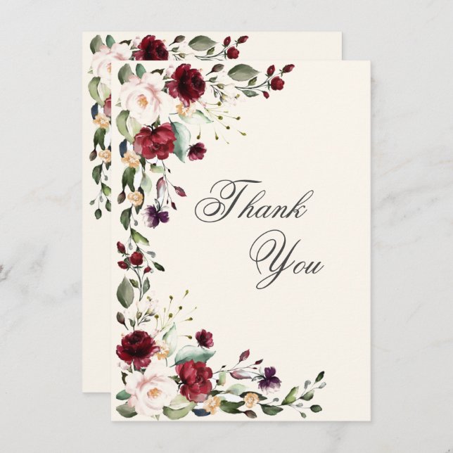 Carte De Remerciements Aquarelle rose de Bourgogne (Devant / Derrière)