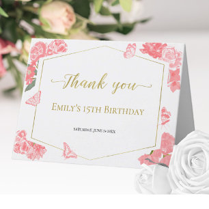 Carte De Remerciements Aquarelle rose douce 16 Quinceanera Bat mitzvah