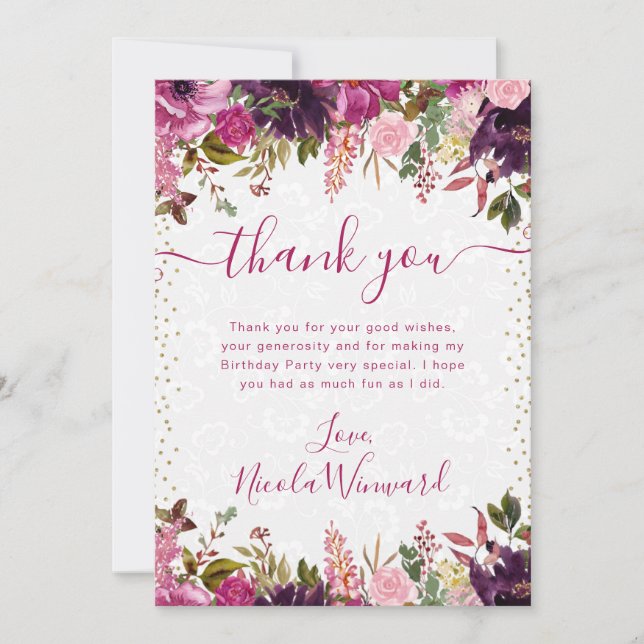 Carte De Remerciements Aquarelle rose et violet Fleurs Anniversaire (Devant)