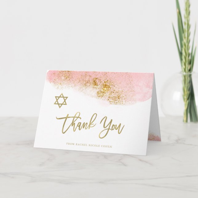 Carte De Remerciements Aquarelle rose | Faux Gold Bat mitzvah (Devant)