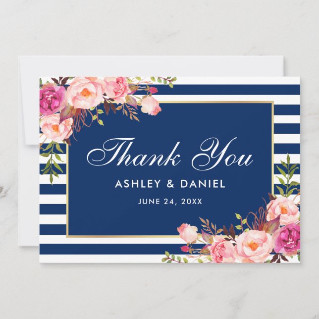 Carte De Remerciements Aquarelle rose Floral Bleu Mariage (Devant)