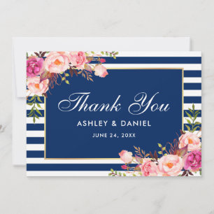 Carte De Remerciements Aquarelle rose Floral Bleu Mariage