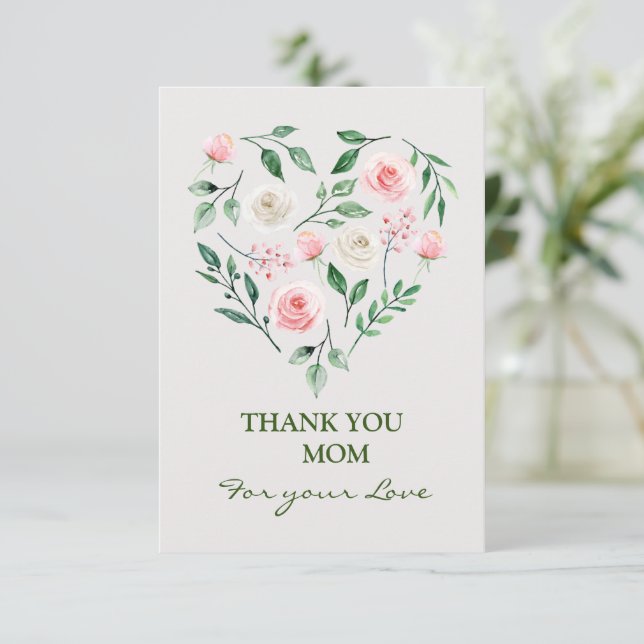 Carte De Remerciements Aquarelle rose Floral Coeur maman (Debout devant)