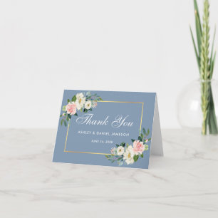 Carte De Remerciements Aquarelle rose Floral Dusty Blue Gold Mariage