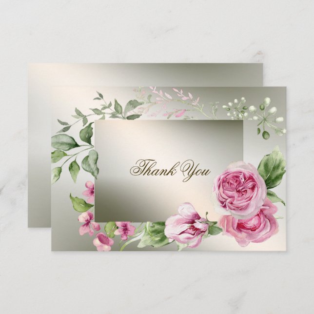 Carte De Remerciements Aquarelle rose Floral Frame Bronze brillant (Devant / Derrière)