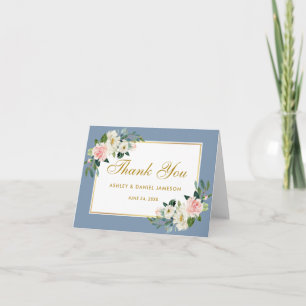 Carte De Remerciements Aquarelle rose Floral or Dusty Mariage bleu
