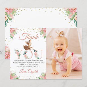 Carte De Remerciements Aquarelle rose Floral Petit Cerf Photo Anniversair