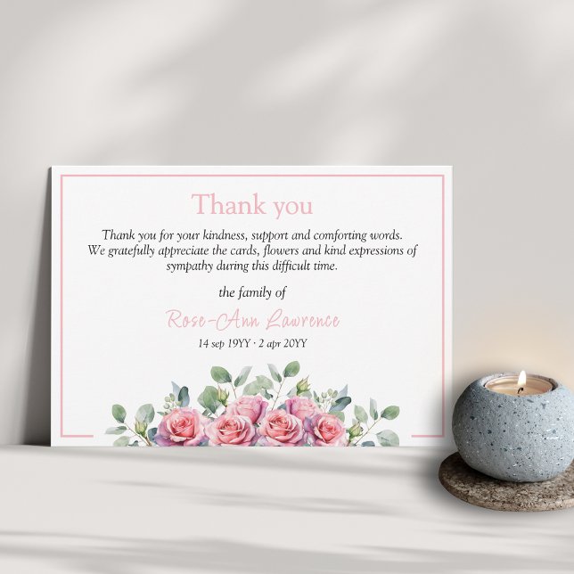 Carte De Remerciements Aquarelle rose florale roses funérailles eucalyptu (Funeral thank you card from family with floral botanical details and color frame, pink roses)