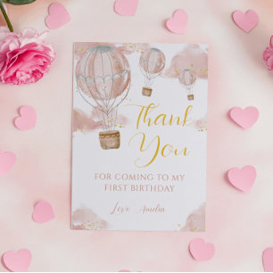 Carte De Remerciements Aquarelle rose Hot Air Balloon Girl Anniversaire