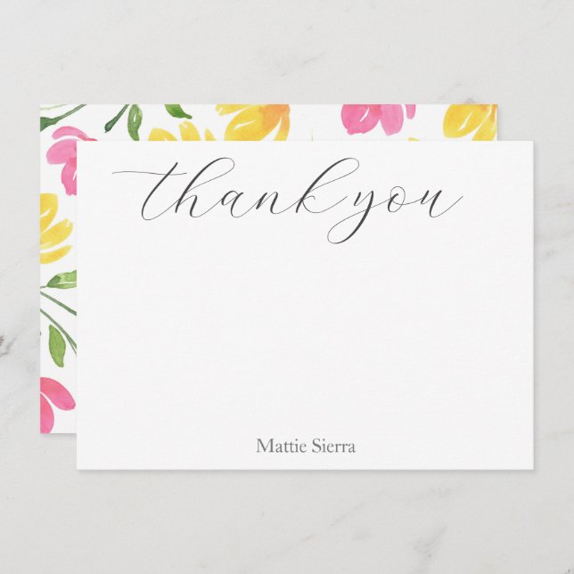 Carte De Remerciements Aquarelle rose jaune orange Motif de tiges florale (Devant / Derrière)