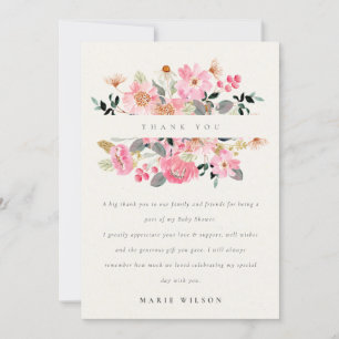 Carte De Remerciements Aquarelle rose pâle Baby shower Floral