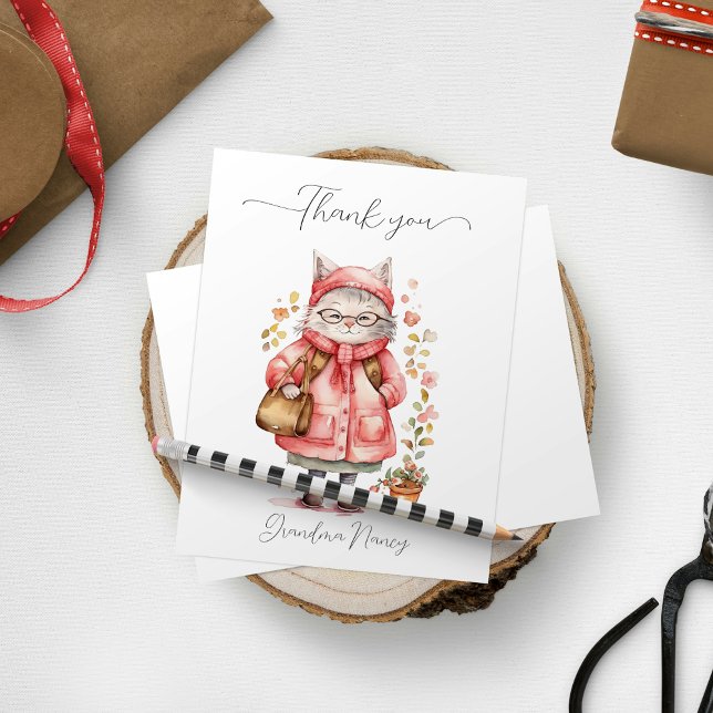 Carte De Remerciements Aquarelle rose pâle Grandma Chat Floral (Cute Pink Watercolor Grandma Cat Floral Thank You Card)