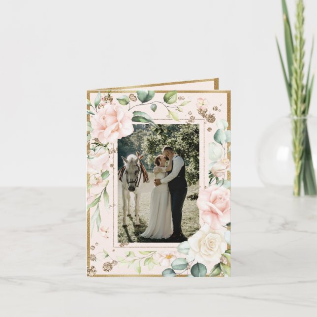 Carte De Remerciements Aquarelle rose pâle Photo Mariage floral (Devant)