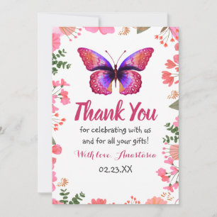 Carte De Remerciements Aquarelle rose papillon Cadre floral Anniversaire