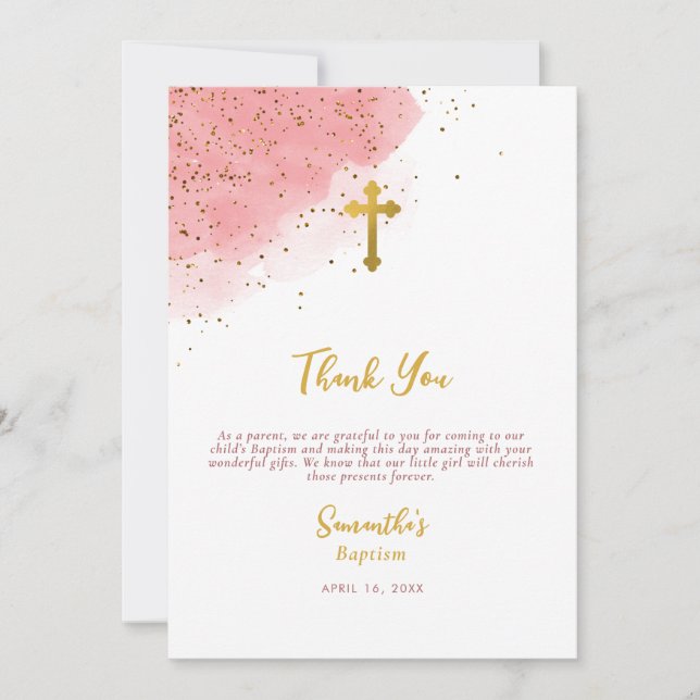 Carte De Remerciements Aquarelle rose Parties scintillant Gold Cross Bapt (Devant)