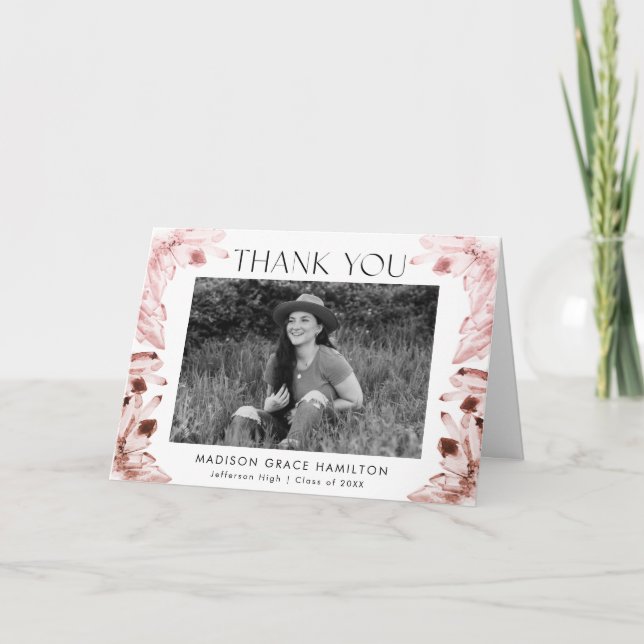 Carte De Remerciements Aquarelle Rose Quartz cristaux Photo Graduation (Devant)
