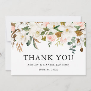 Carte De Remerciements Aquarelle rose Roses blanches Magnolias Mariage