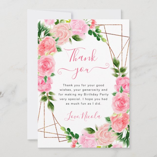 Carte De Remerciements Aquarelle rose Roses Gold Frame Anniversaire (Devant)